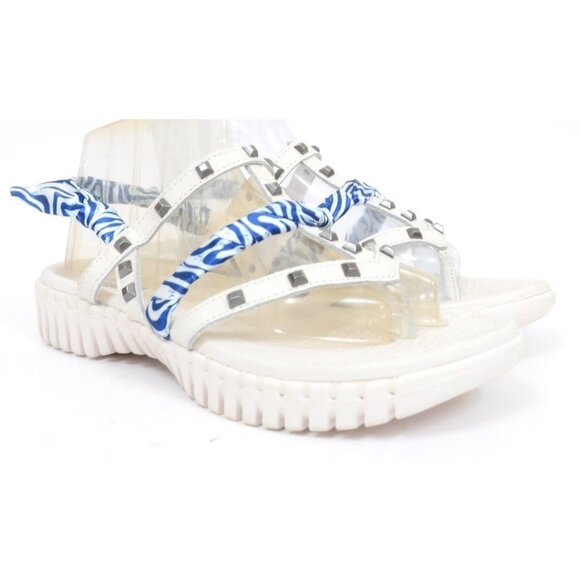 Skechers Goga Mat Leather White Blue Studded Strappy Sandals Beachy Women's 8 - Picture 1 of 10